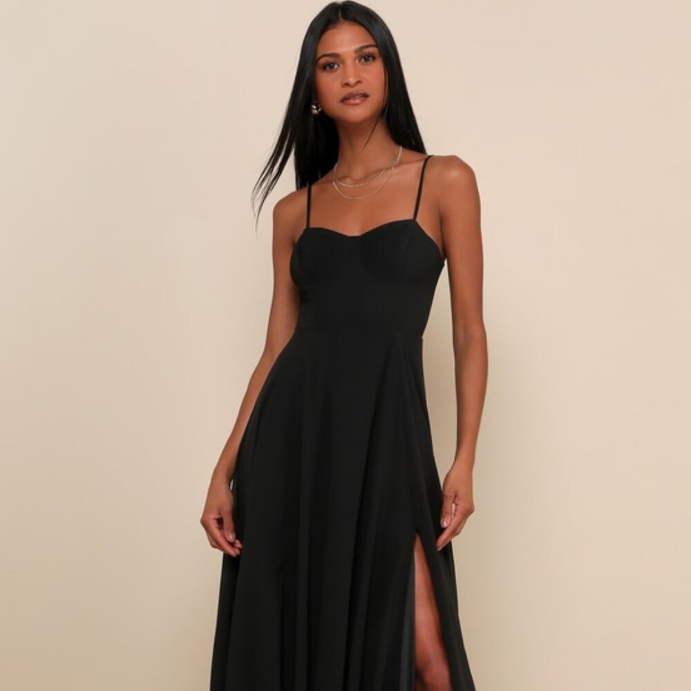 Lulus Cause For Commotion Black Pleated Bustier Maxi Dress - Size M